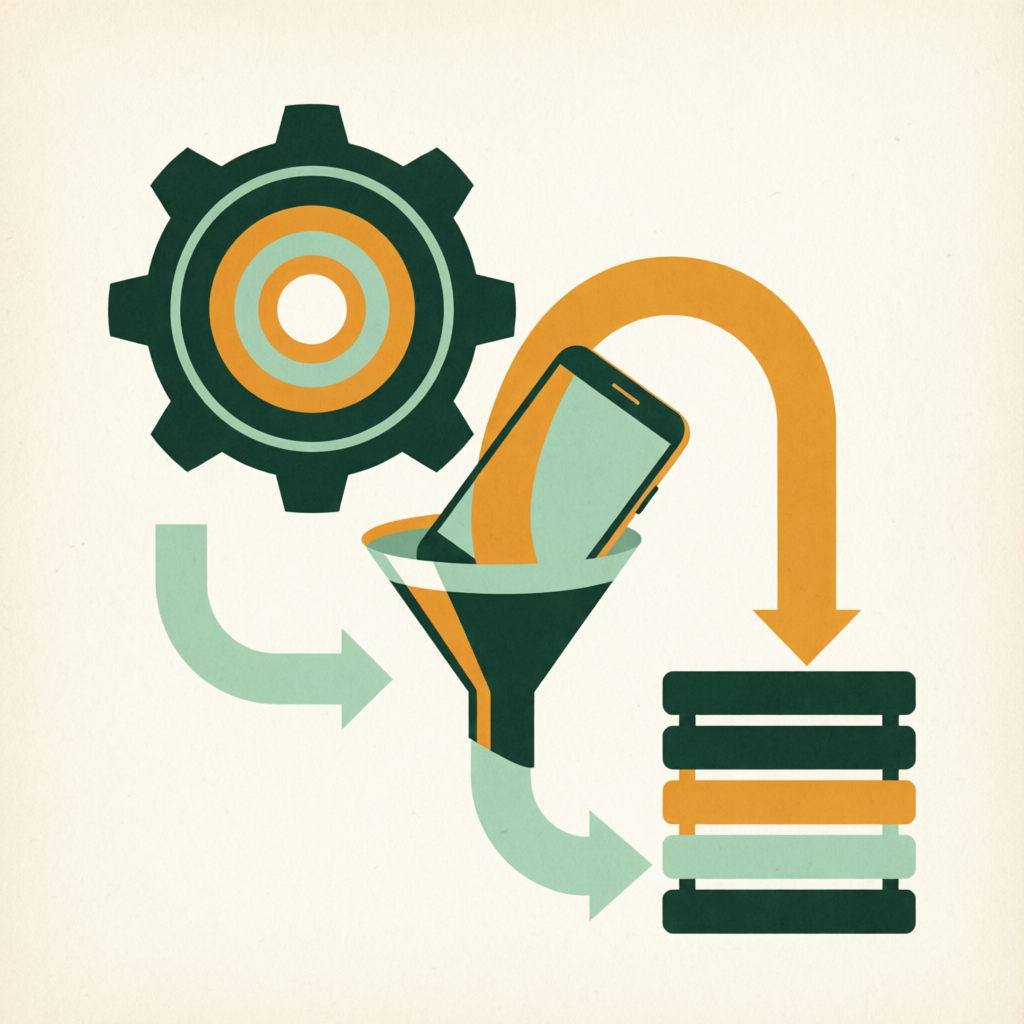 Illustration of a streamlined workflow funnel feeding neatly stacked modules