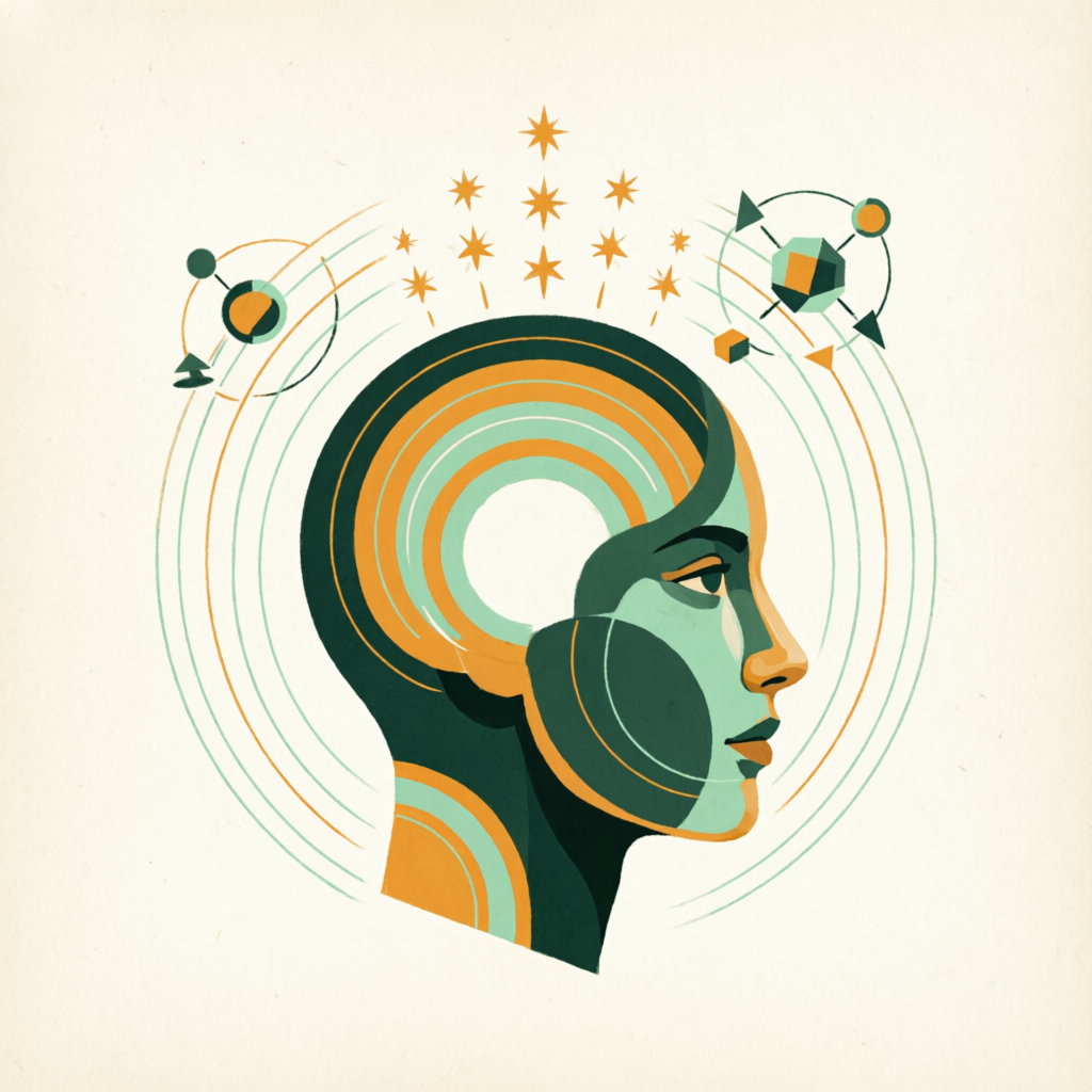 Illustration of a profile head with sparks and orbiting shapes — an idea igniting