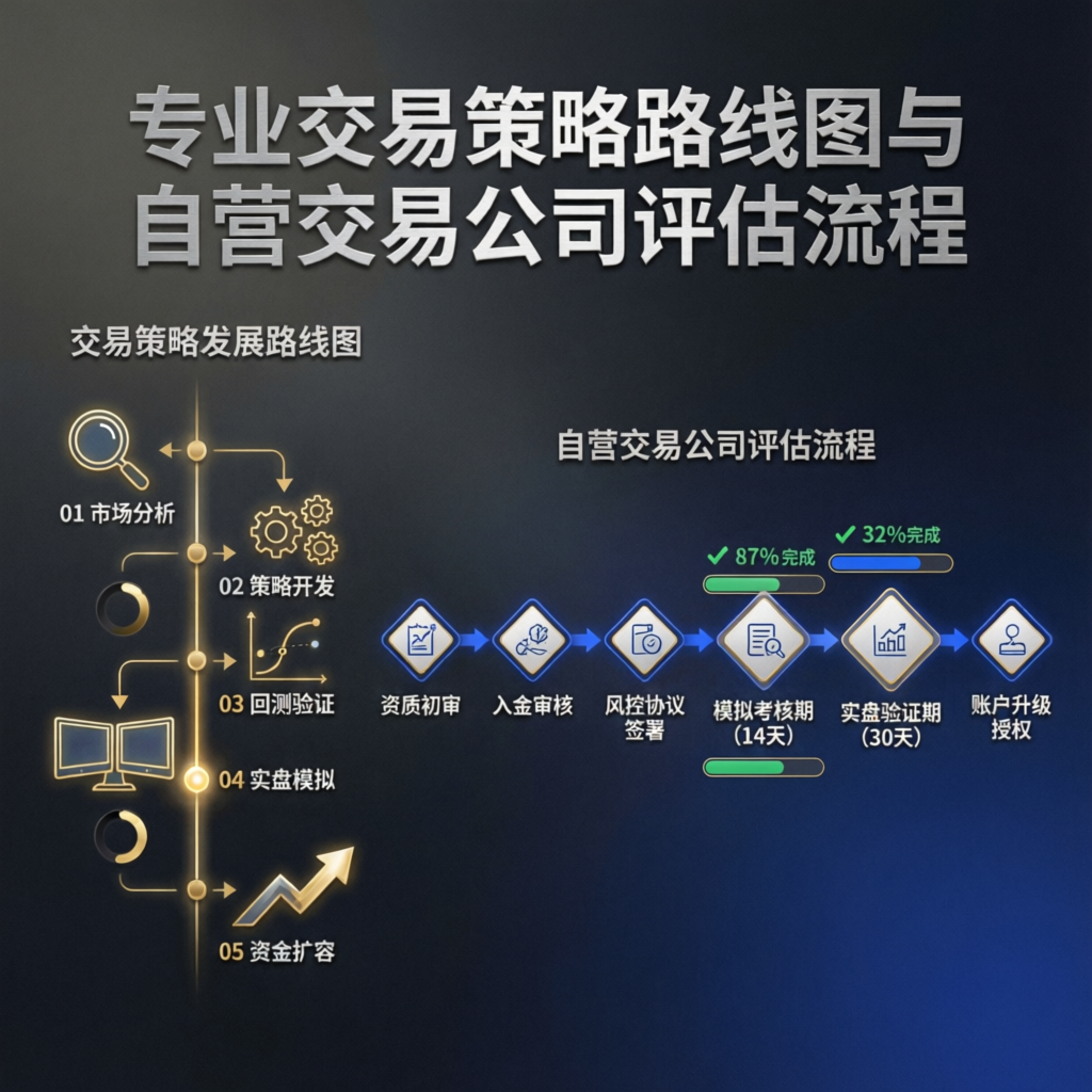 Professional trading strategy roadmap and prop firm evaluation process flowchart