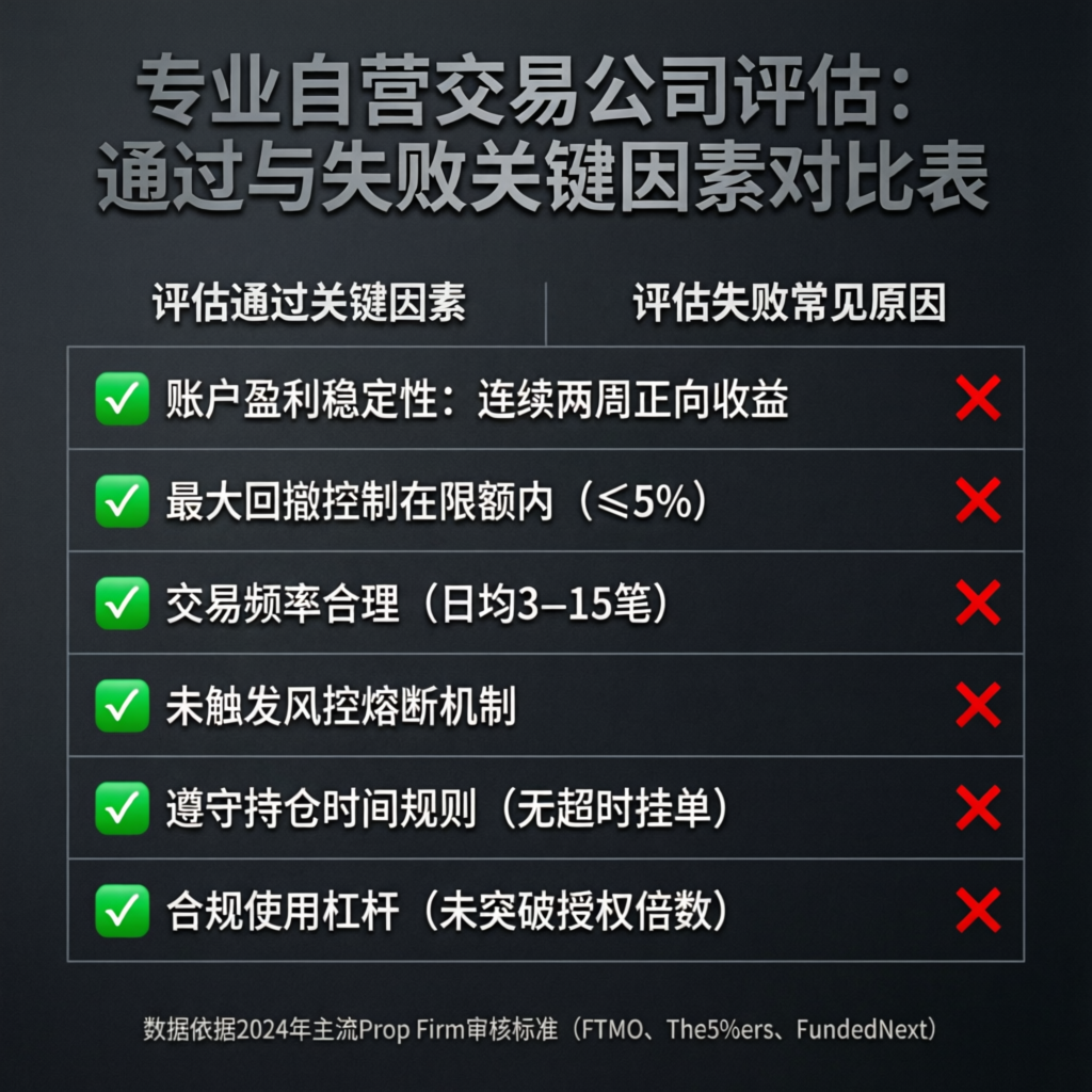 Comparison table showing prop firm evaluation pass vs fail key factors