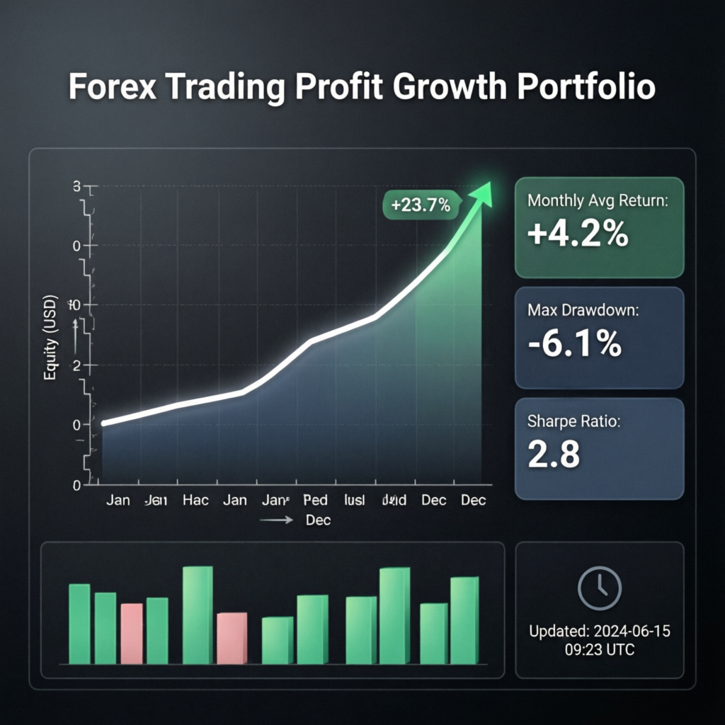 Forex trading profit growth portfolio showing consistent monthly gains and equity curve