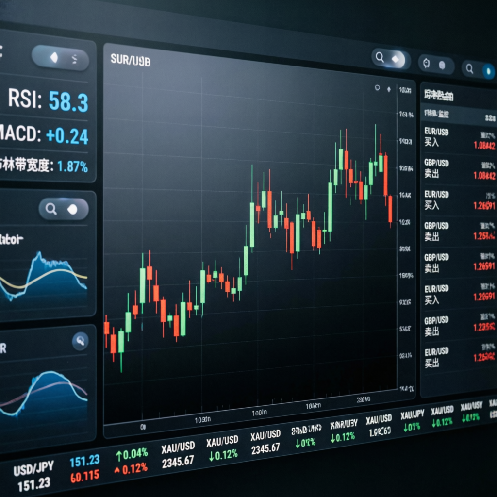Professional forex trading dashboard showing candlestick charts and market analysis for prop firm evaluation