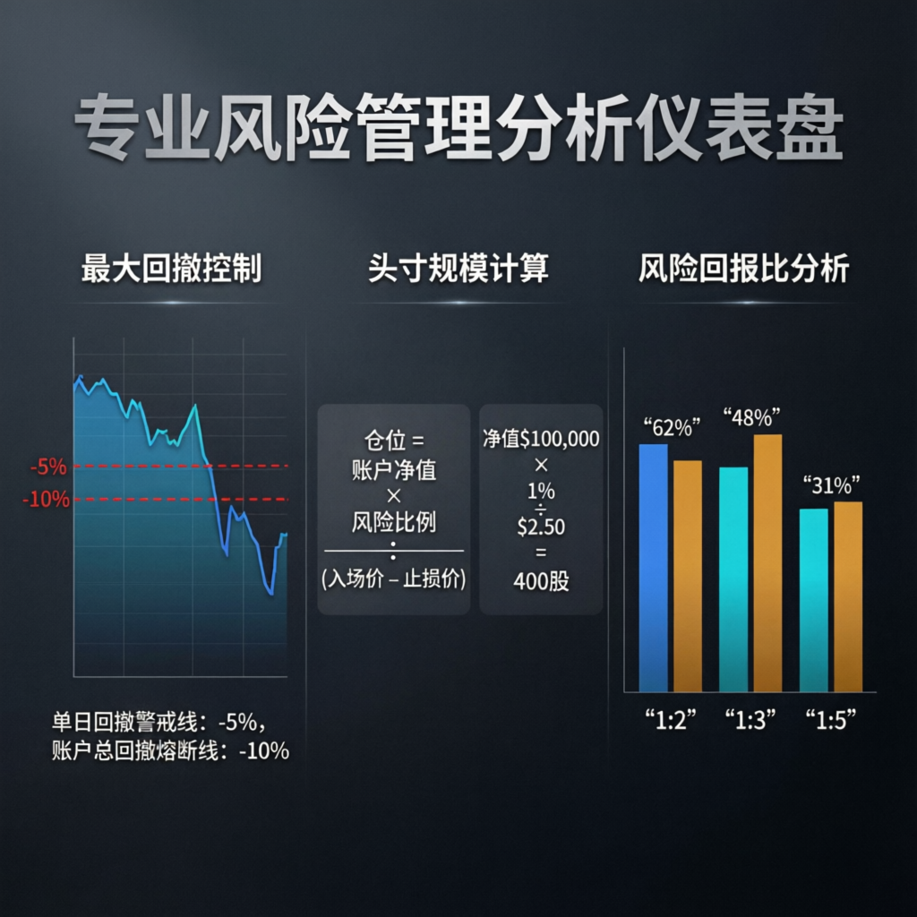 Professional risk management analysis dashboard showing drawdown control and position sizing