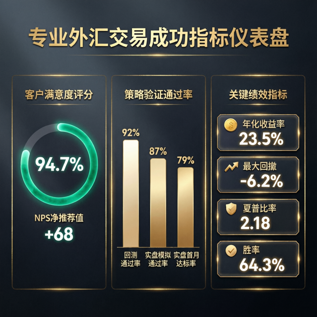 Professional forex trading success metrics dashboard with client satisfaction and passing rates