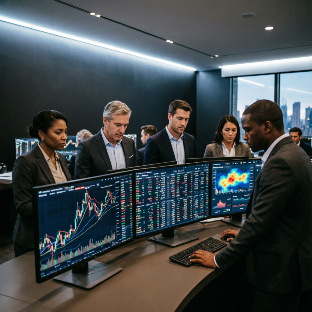 Professional PFM Capitals trading team analyzing forex markets on multiple screens