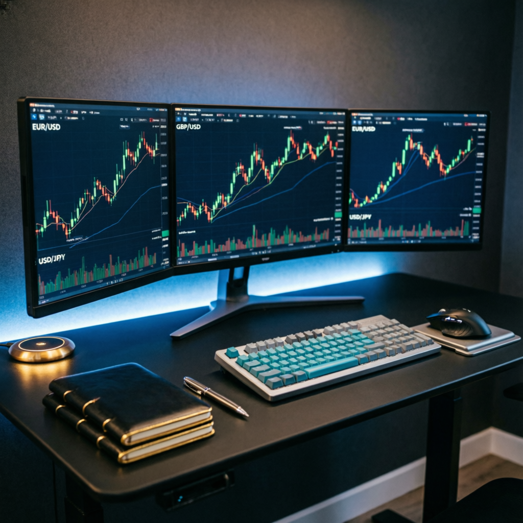 Professional modern trading workspace with multiple monitors showing forex charts and analysis tools