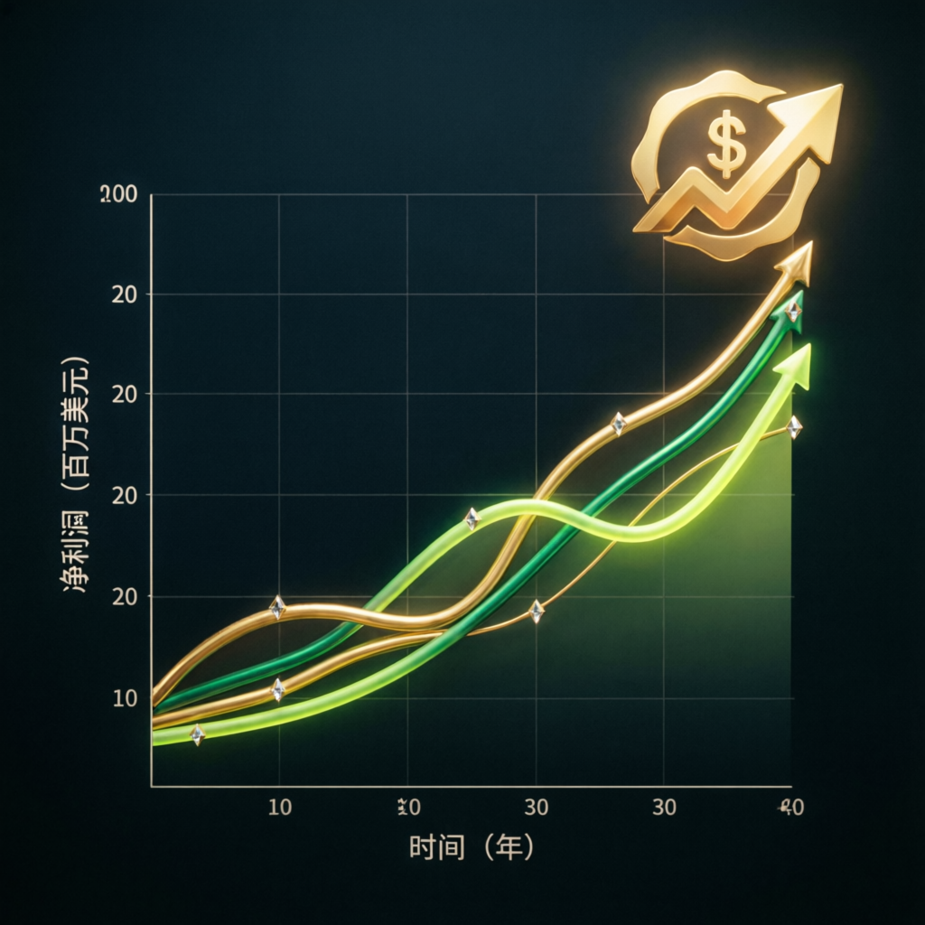 Financial growth charts showing multiple rising profit lines in gold and green on dark background