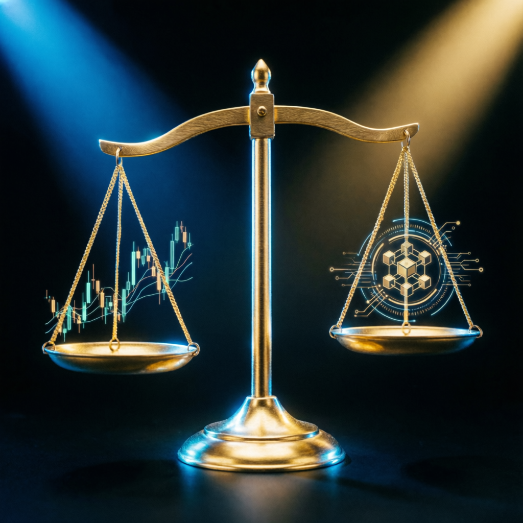 Trust and verification concept with golden scale balancing forex charts and technology