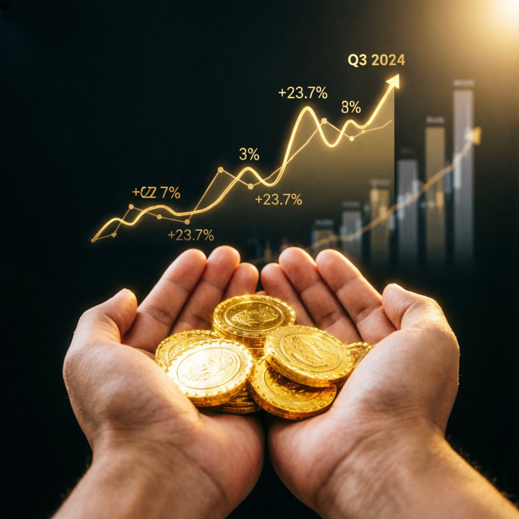 Success celebration showing hands holding golden coins with profit growth chart in background