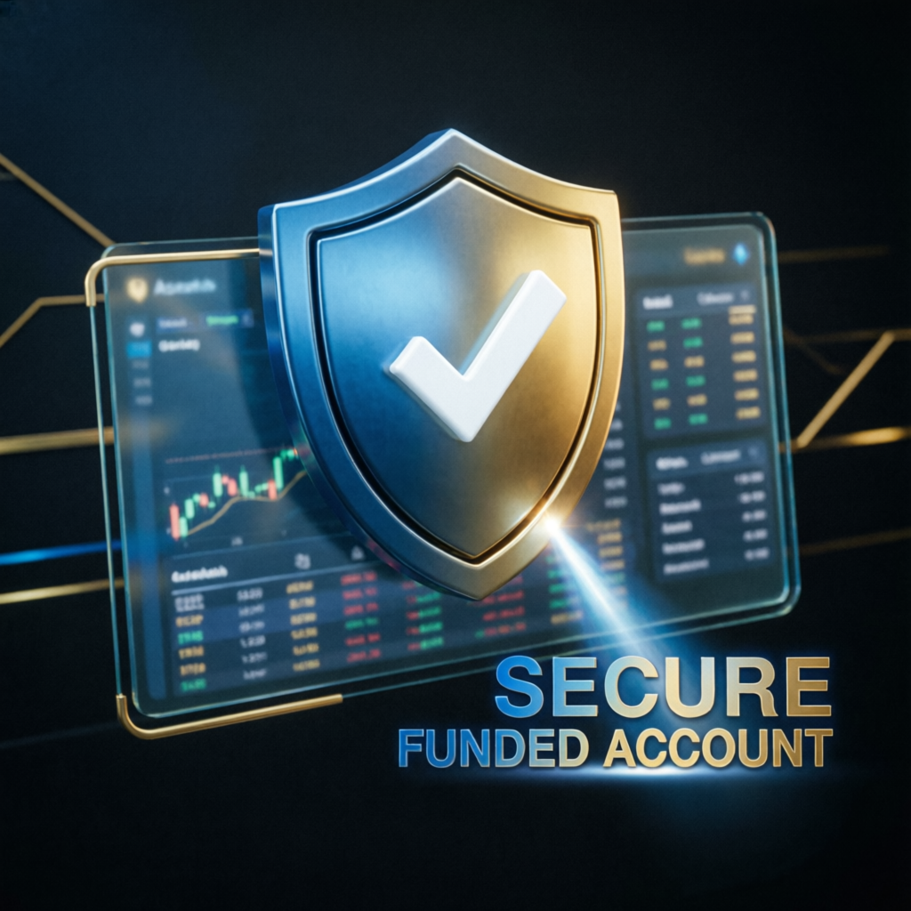 Secure funded account concept with shield and checkmark over trading interface