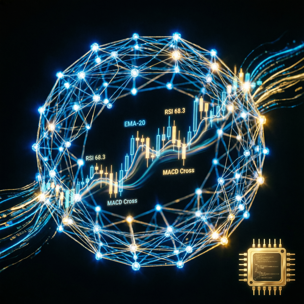 AI trading technology with neural network and forex chart indicators showing RSI, EMA, and MACD
