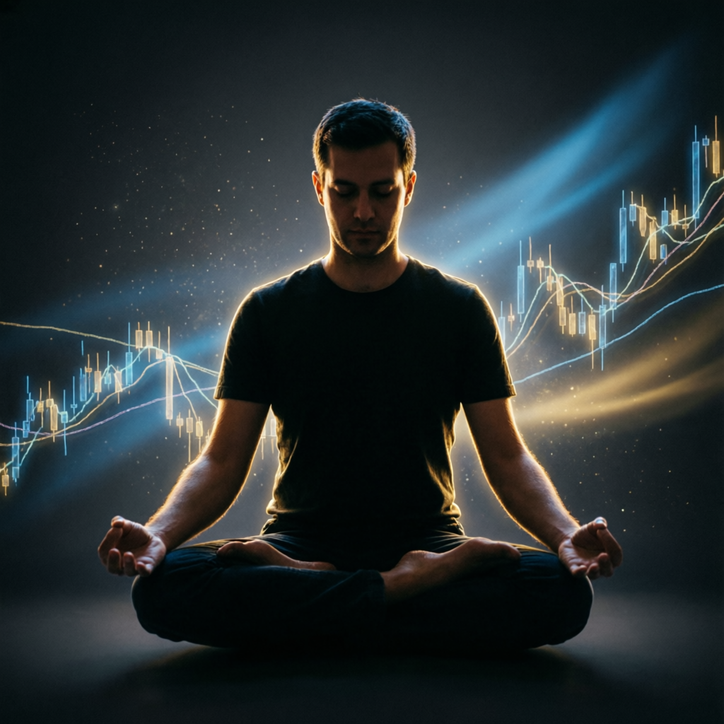 Trading psychology and mindset concept showing calm focused trader with forex charts