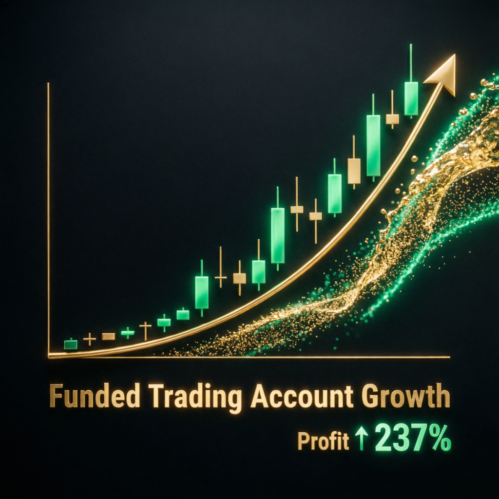 Funded trading account growth chart showing profit increase of 237% with green candlesticks