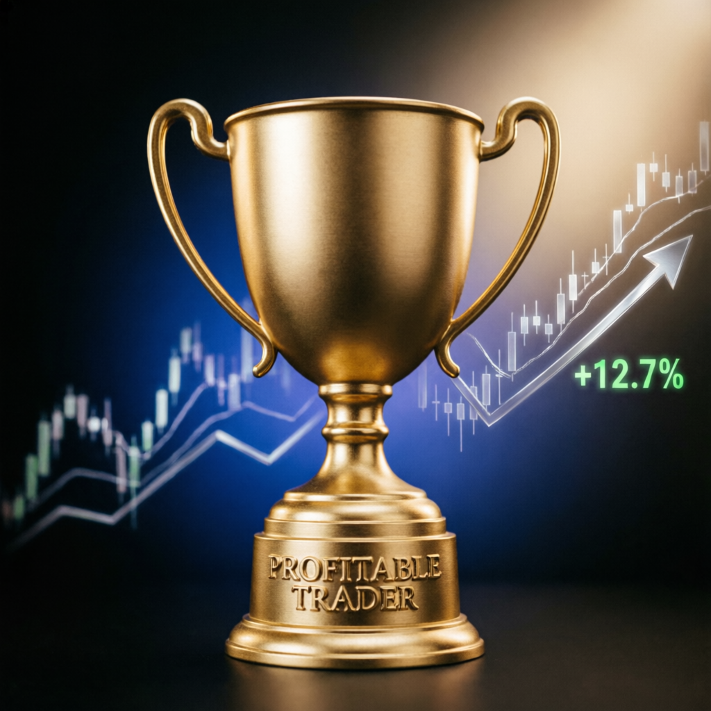 Golden trophy representing successful prop firm challenge passing with profit chart showing +12.7% gains