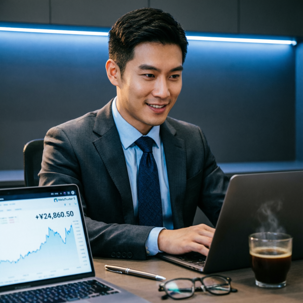 Happy client trader looking at profitable trading results on laptop showing +$24,860.50 profit