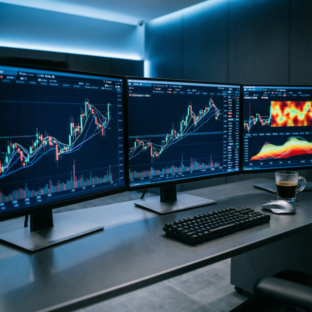 Professional forex market analysis workspace with multiple monitors showing trading charts