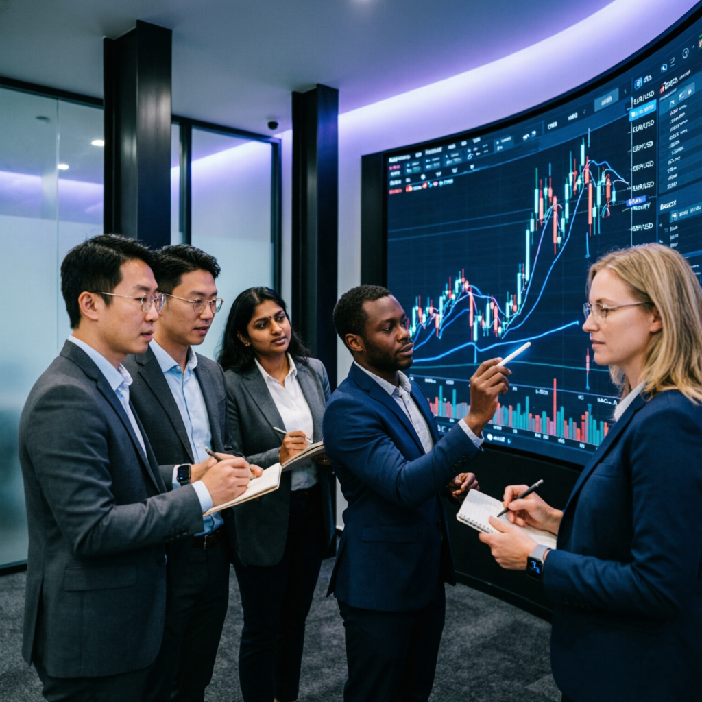 Team of expert forex traders collaborating on trading strategies at Prop Firm Gurus