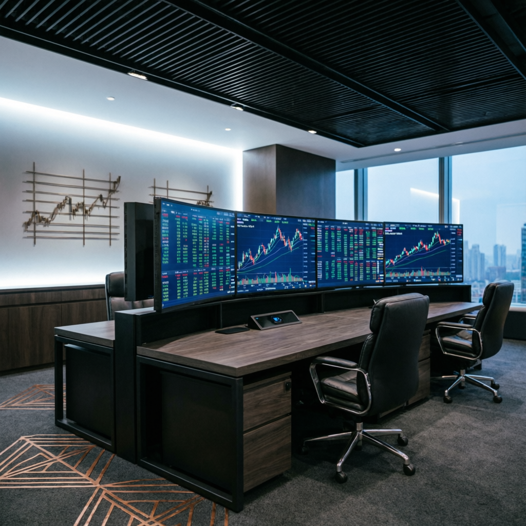 Premium financial services office with multiple trading screens