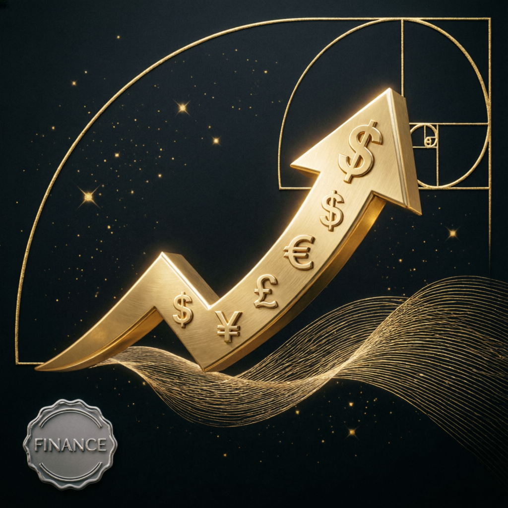Financial growth concept with golden arrow and currency symbols