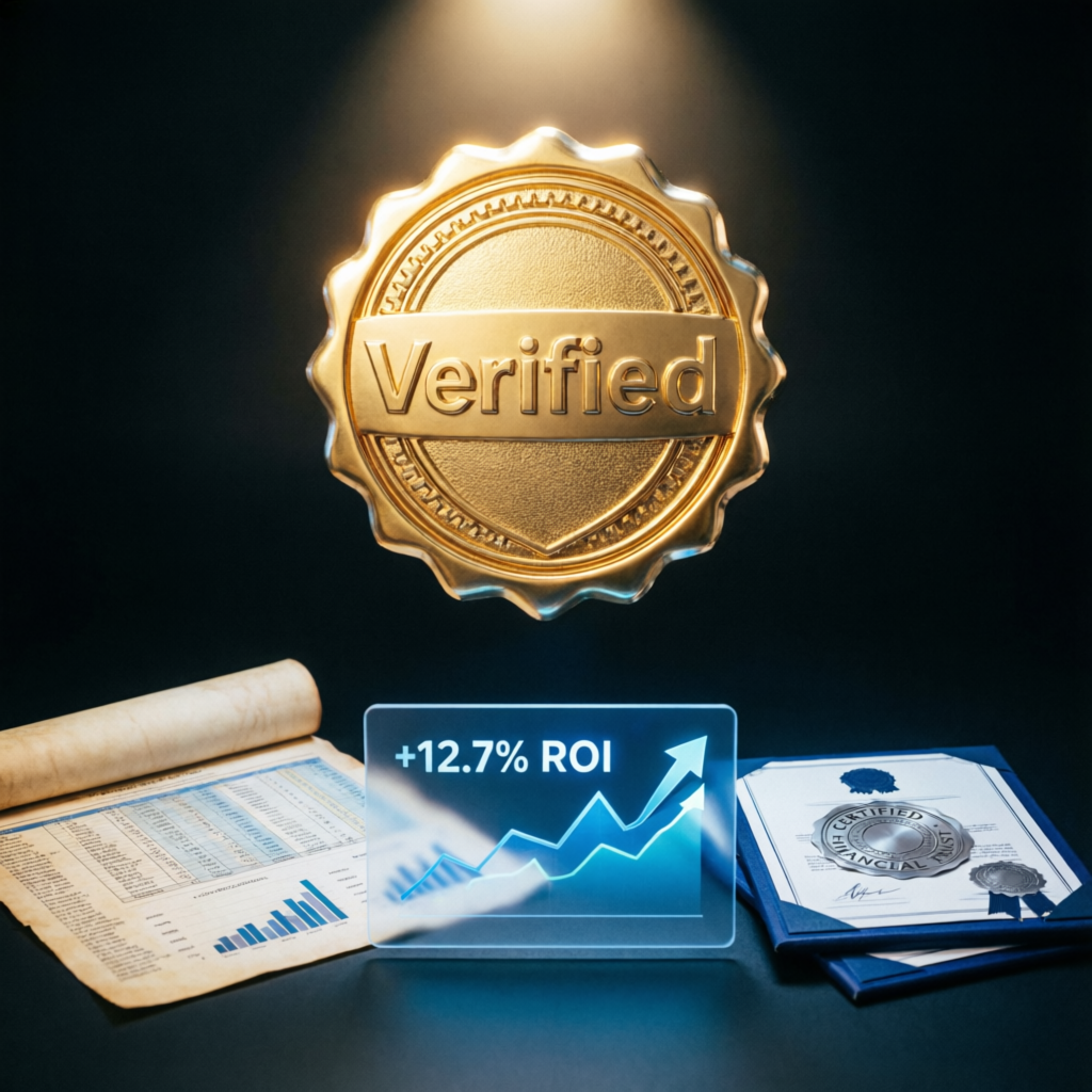 Verified trust badge with financial documents and ROI chart