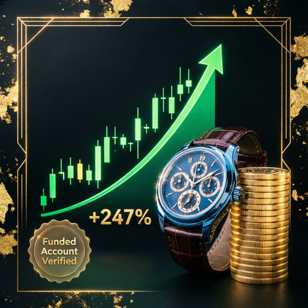 Funded account success with growing profit chart and luxury lifestyle