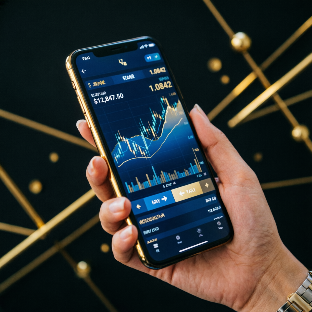 Mobile forex trading app showing charts and profits on smartphone