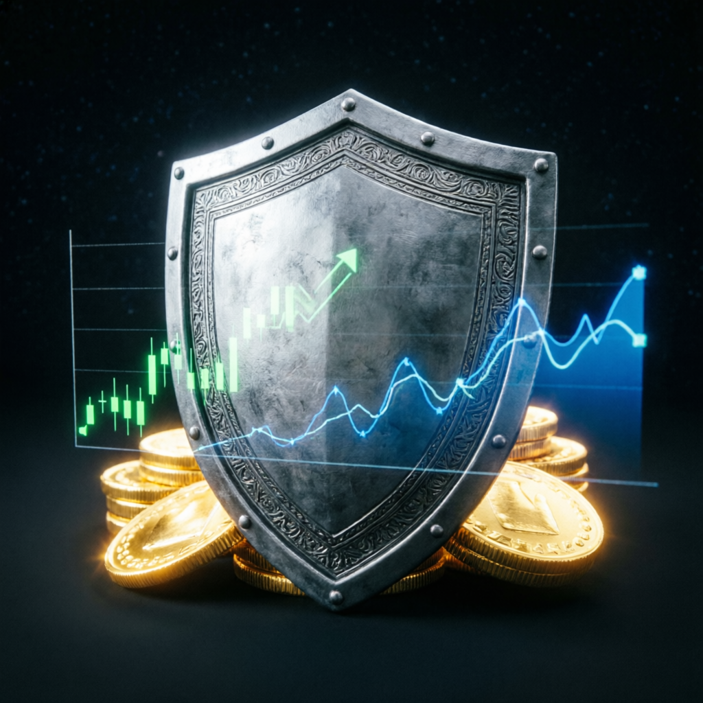 Risk management shield protecting financial assets and trading capital