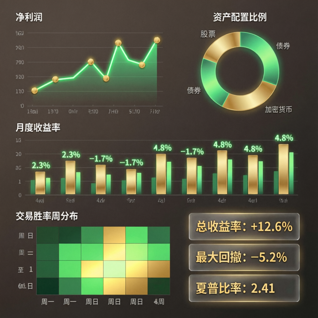 Trading analytics dashboard showing performance metrics and profit charts