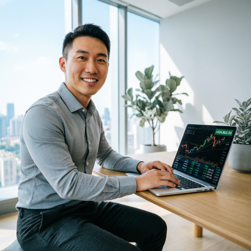 Happy successful trader with laptop showing profitable forex trades