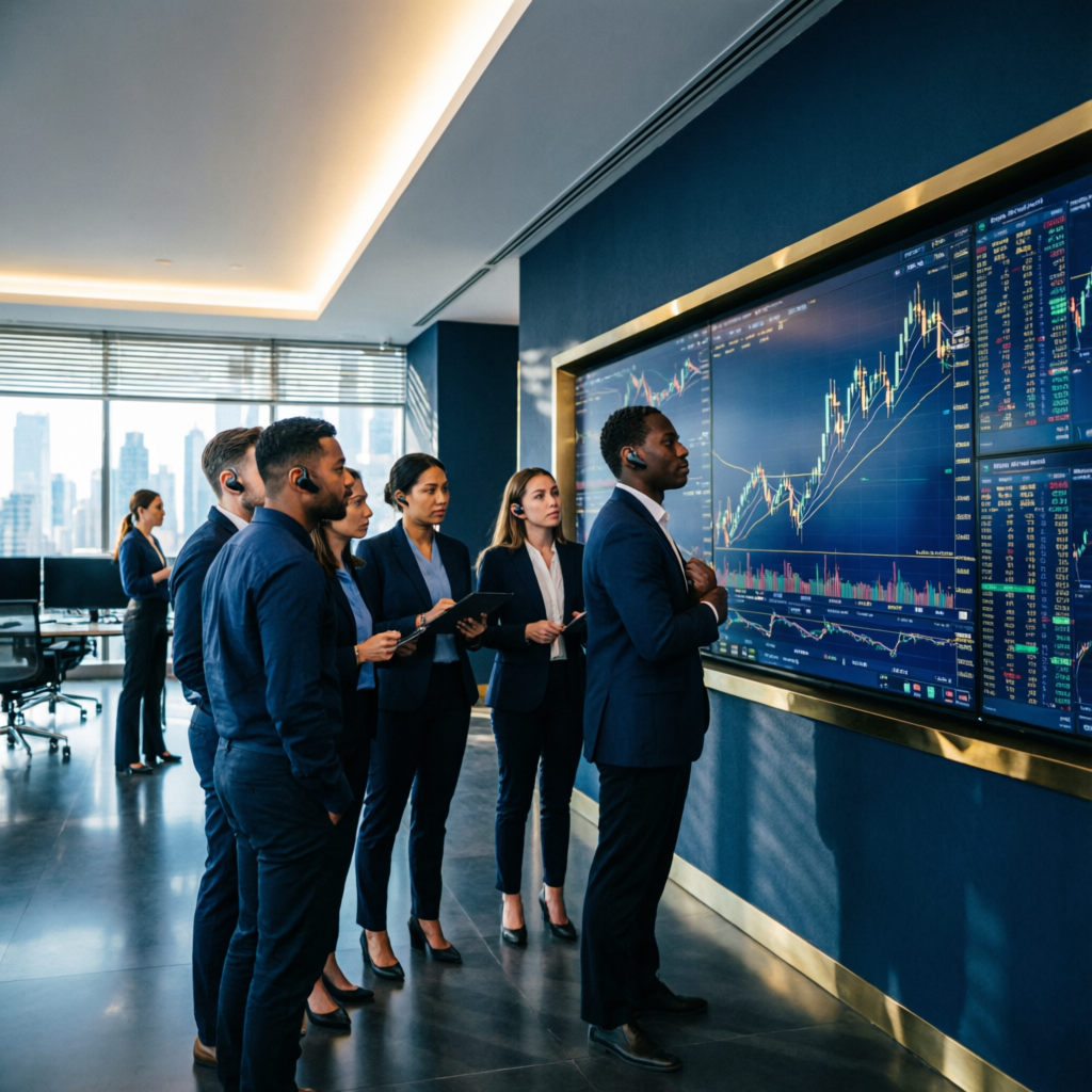 Professional team of forex trading experts analyzing charts in modern office