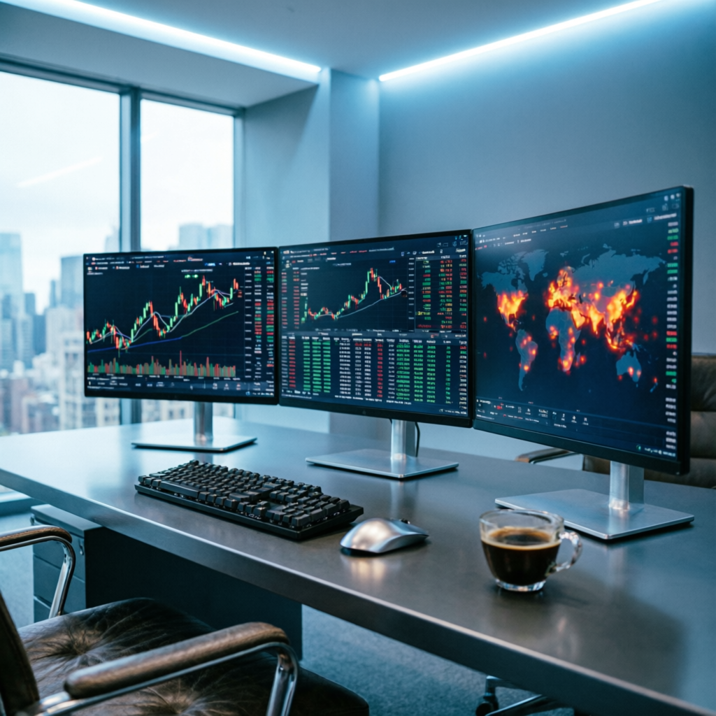 Professional trading desk setup with multiple monitors displaying forex charts for prop firm passing service