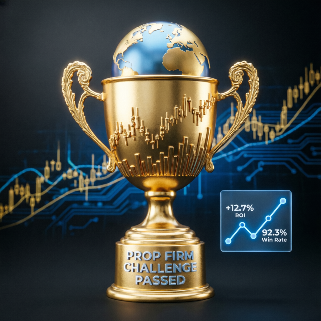 Golden trophy celebrating prop firm challenge passed with ROI and win rate indicators