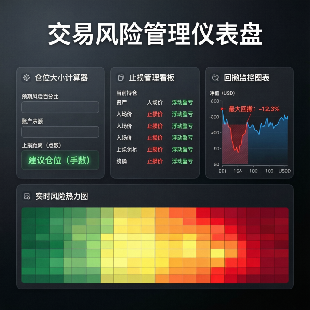 Trading risk management dashboard with position sizing and drawdown monitoring