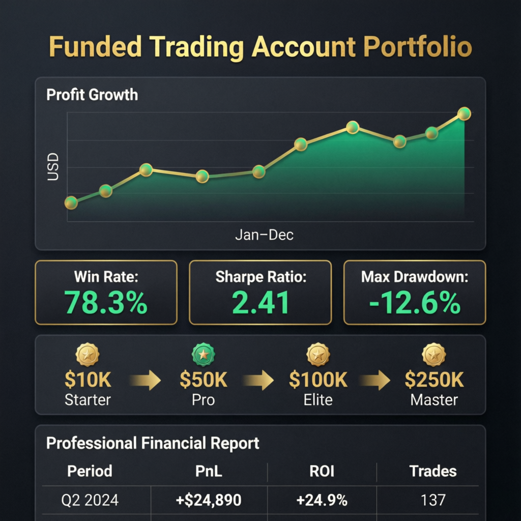 Funded Trading Account Portfolio showing profit growth, win rate, Sharpe ratio, and account scaling stages