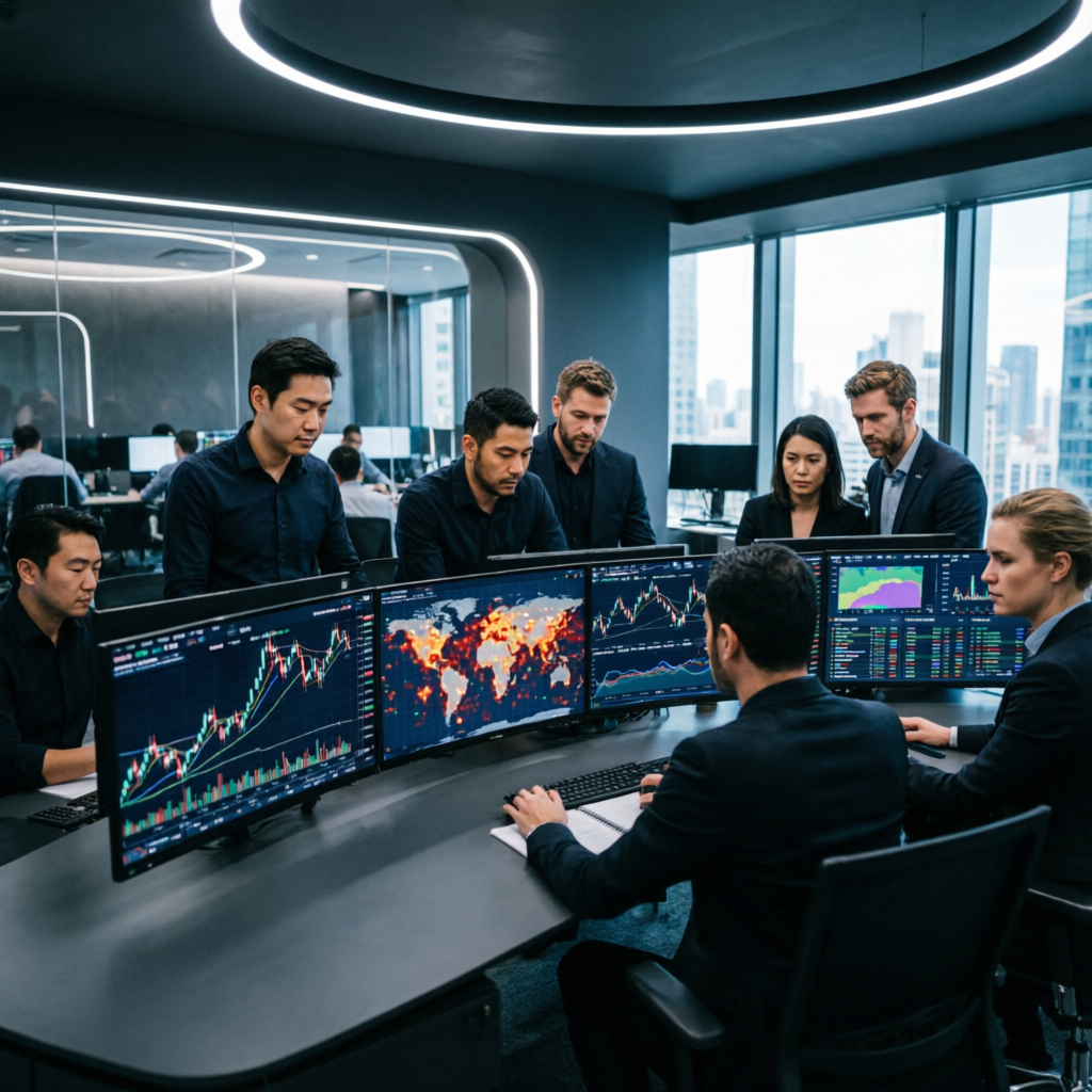 Professional trading team collaborating in modern office with multiple trading screens