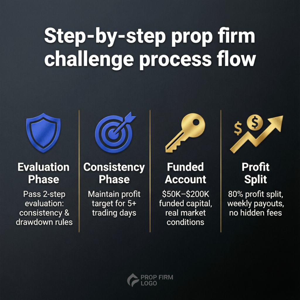 Step-by-step prop firm challenge process flow showing evaluation, consistency, funded account, and profit split phases
