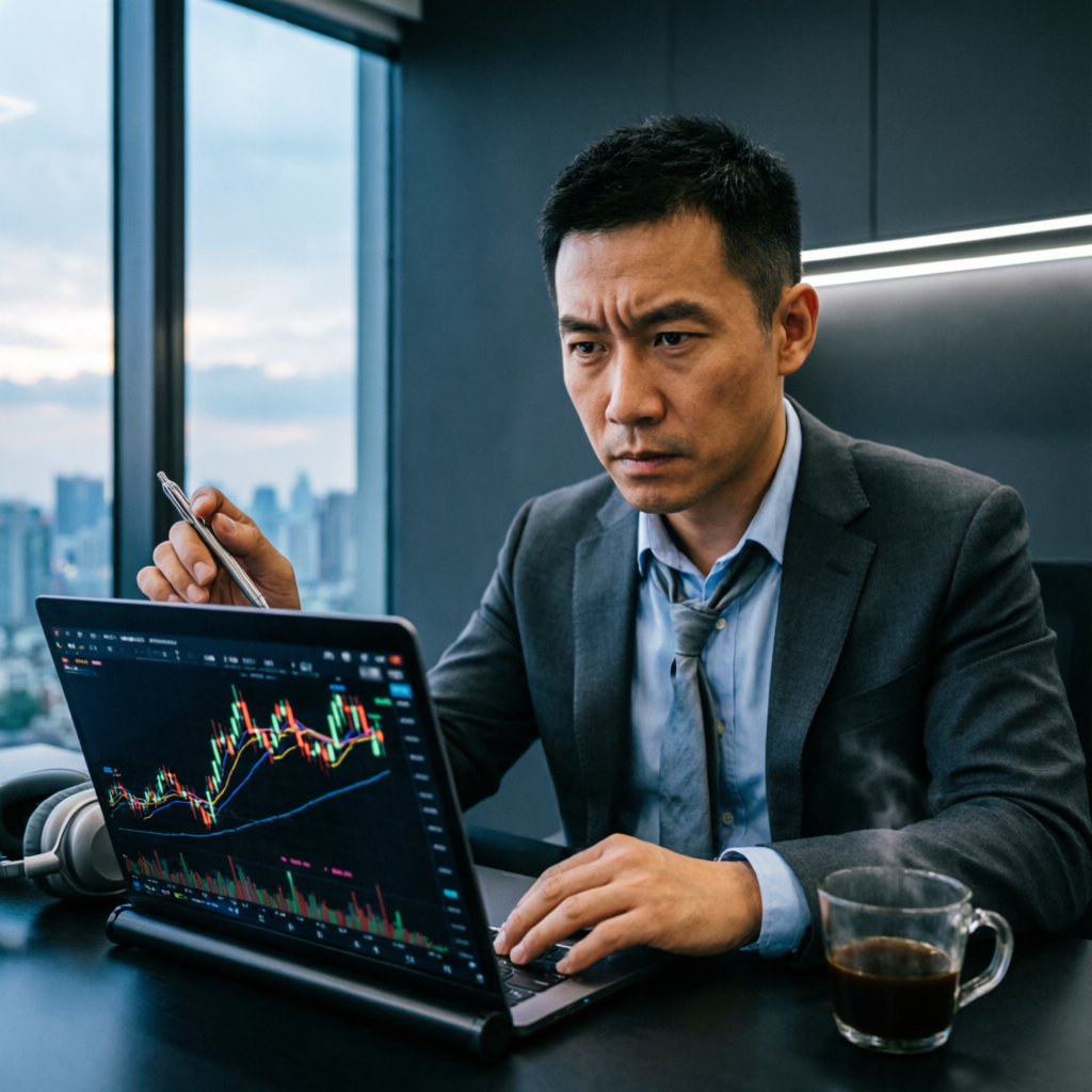 Professional forex trader analyzing candlestick charts on laptop in modern office