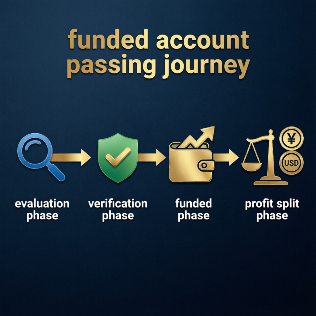 Funded account passing journey flowchart showing evaluation, verification, funded, and profit split phases