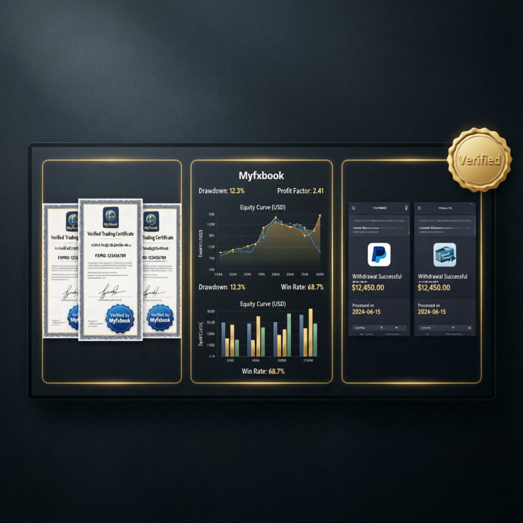 Verified trading results showing Myfxbook performance, certificates, and successful withdrawals