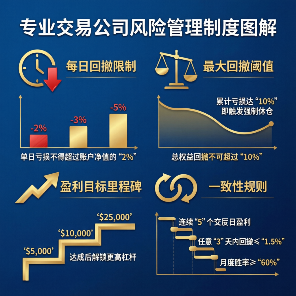 Prop firm risk management rules infographic showing drawdown limits and profit targets