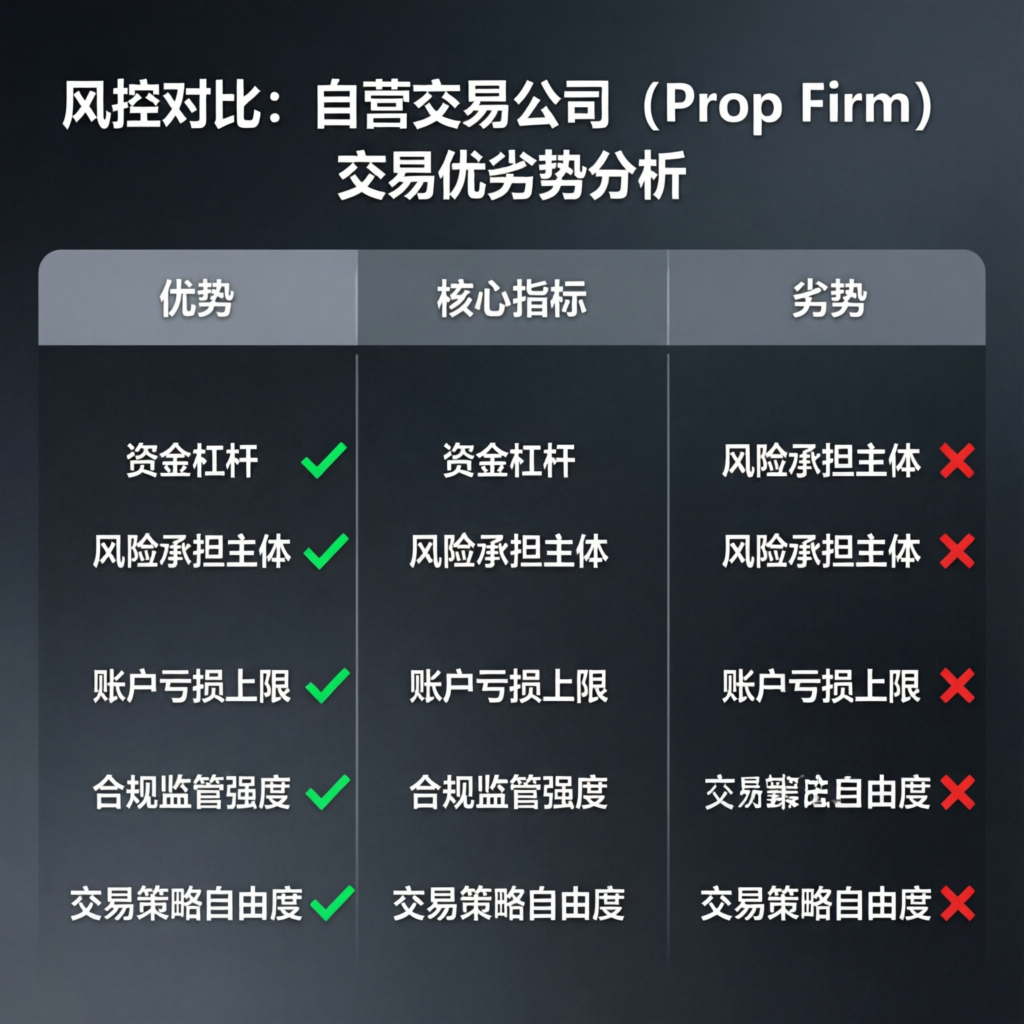 Risk management comparison table showing advantages and disadvantages of prop firm trading