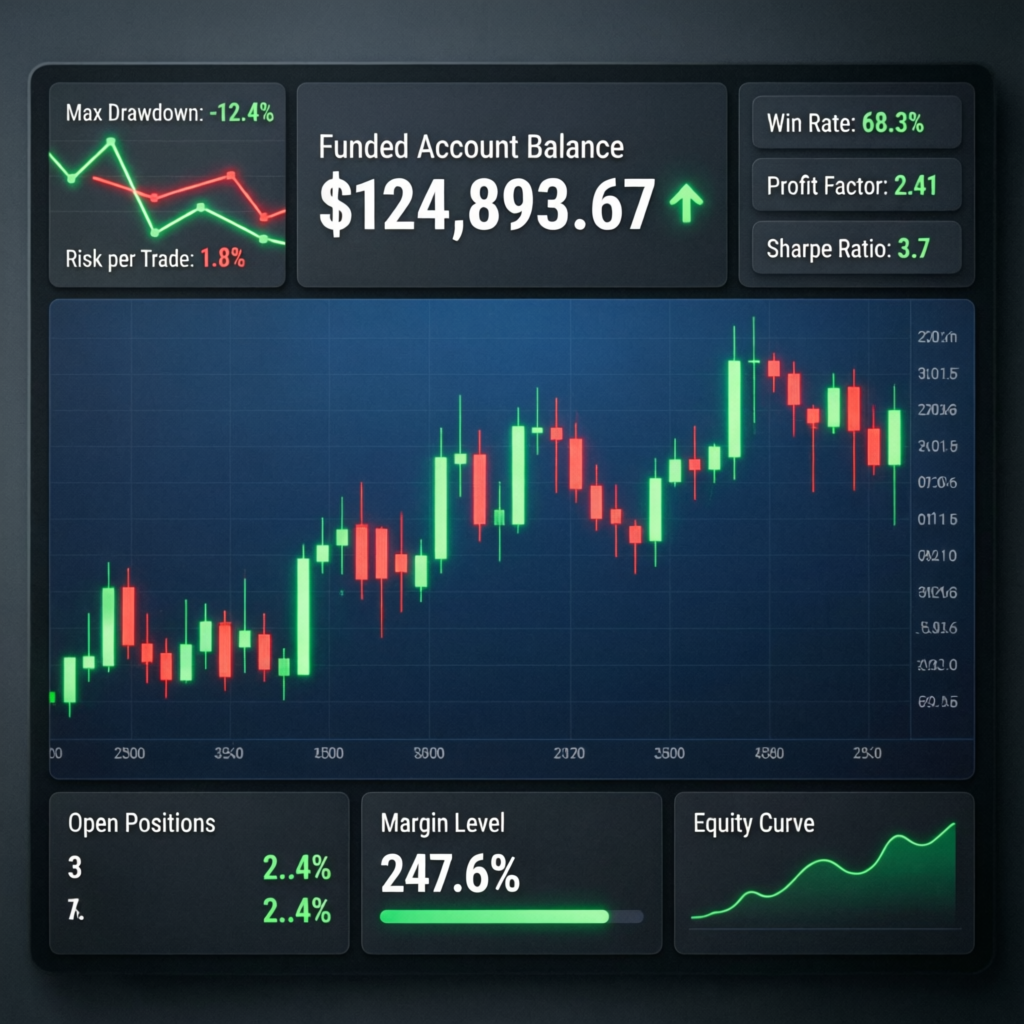 PFM Capitals funded account dashboard showing risk management metrics and trading performance