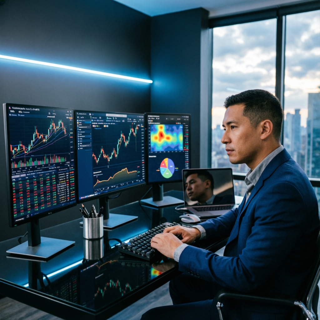 Professional trader analyzing risk management charts in modern trading office