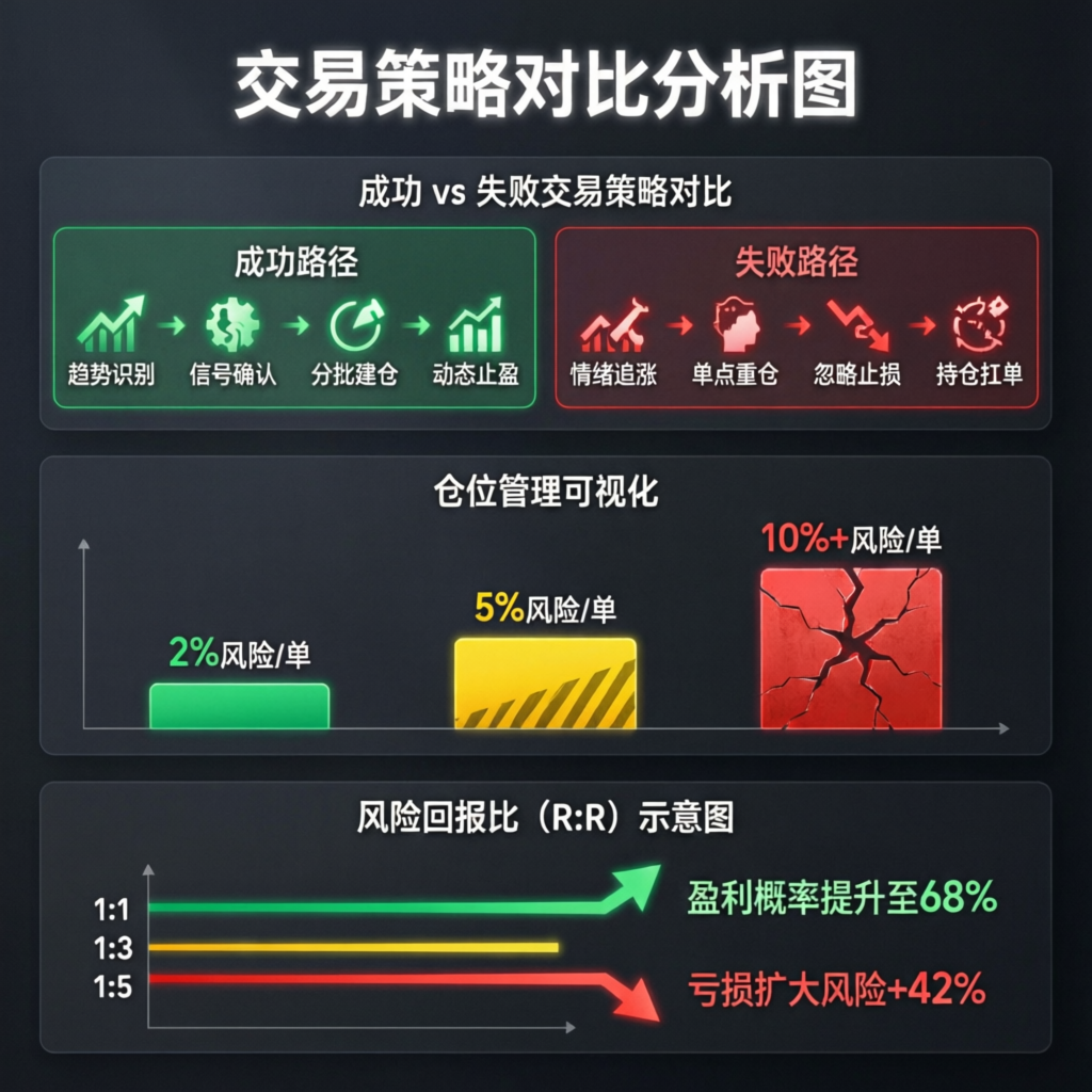 Trading strategy comparison showing successful vs failed approaches with risk management visualization
