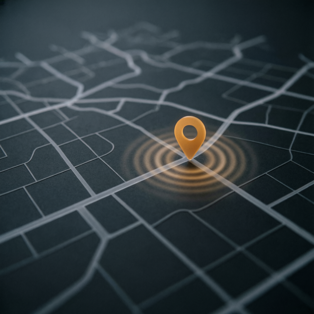 Abstract map with a live amber position marker and ripple rings