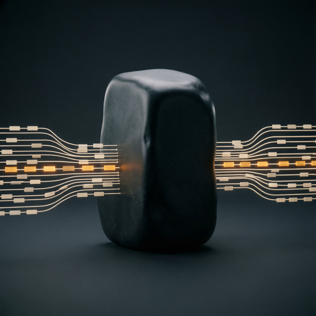 Abstract token streams flowing through a dark monolith node