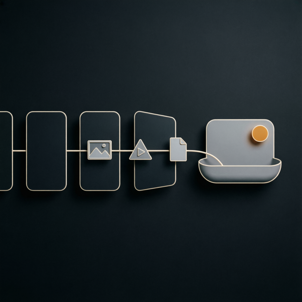 Abstract pipeline of media shapes moving into a receiving tray