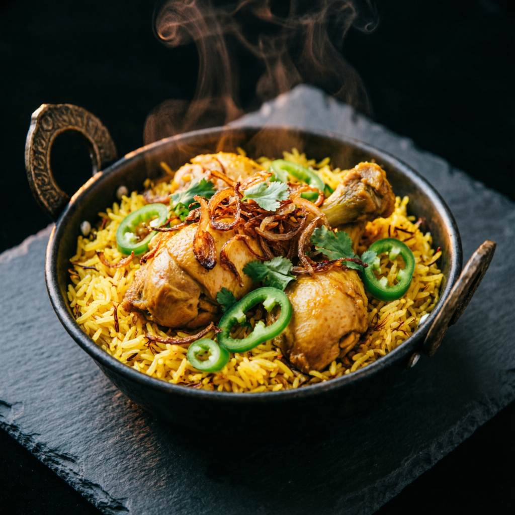 Steaming chicken pulao in a traditional karahi