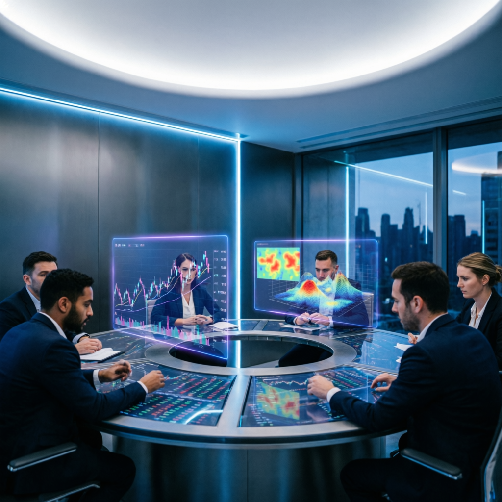 Professional trading team collaboration with holographic displays