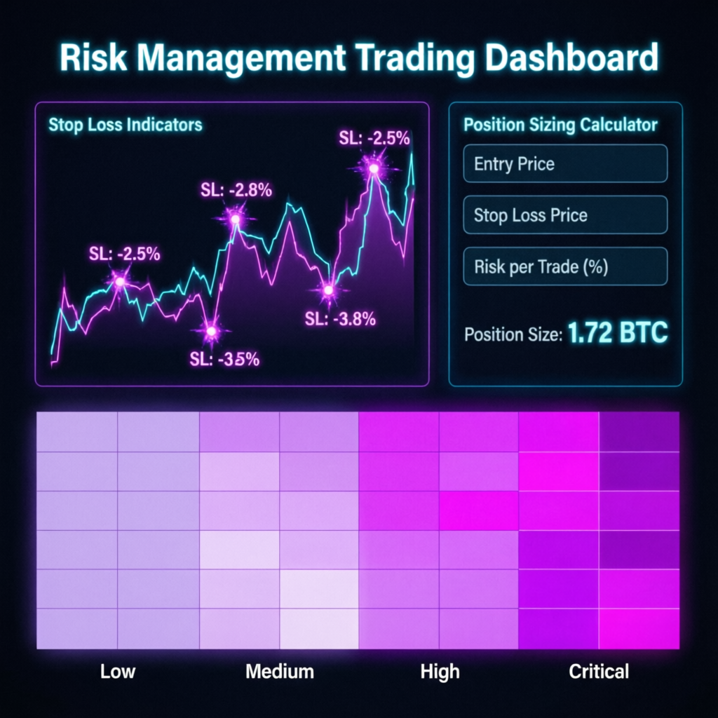 Risk management trading dashboard with stop loss indicators